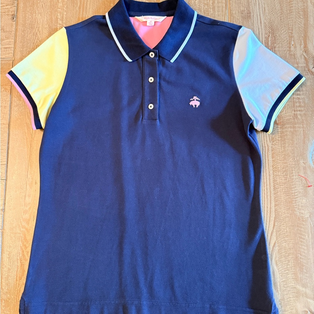 Brooks Brothers Navy Colorblock Polo with Yellow and Light Blue Sleeves